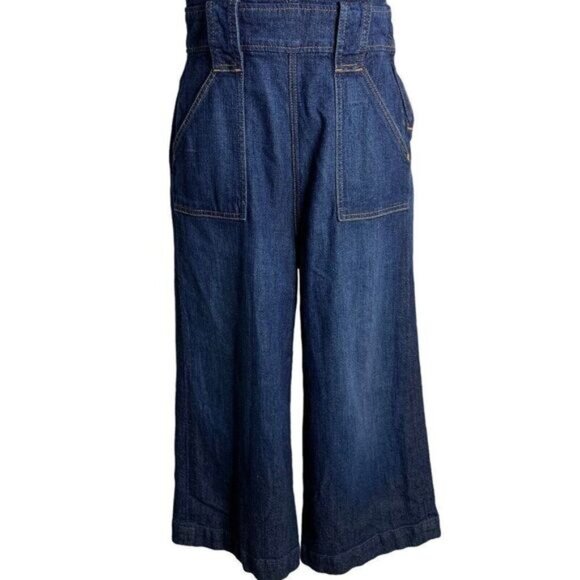 7 for All Mankind Retro Denim Jumpsuit 25 Med Wash Cropped Wide Leg Pockets Zip - Picture 3 of 9
